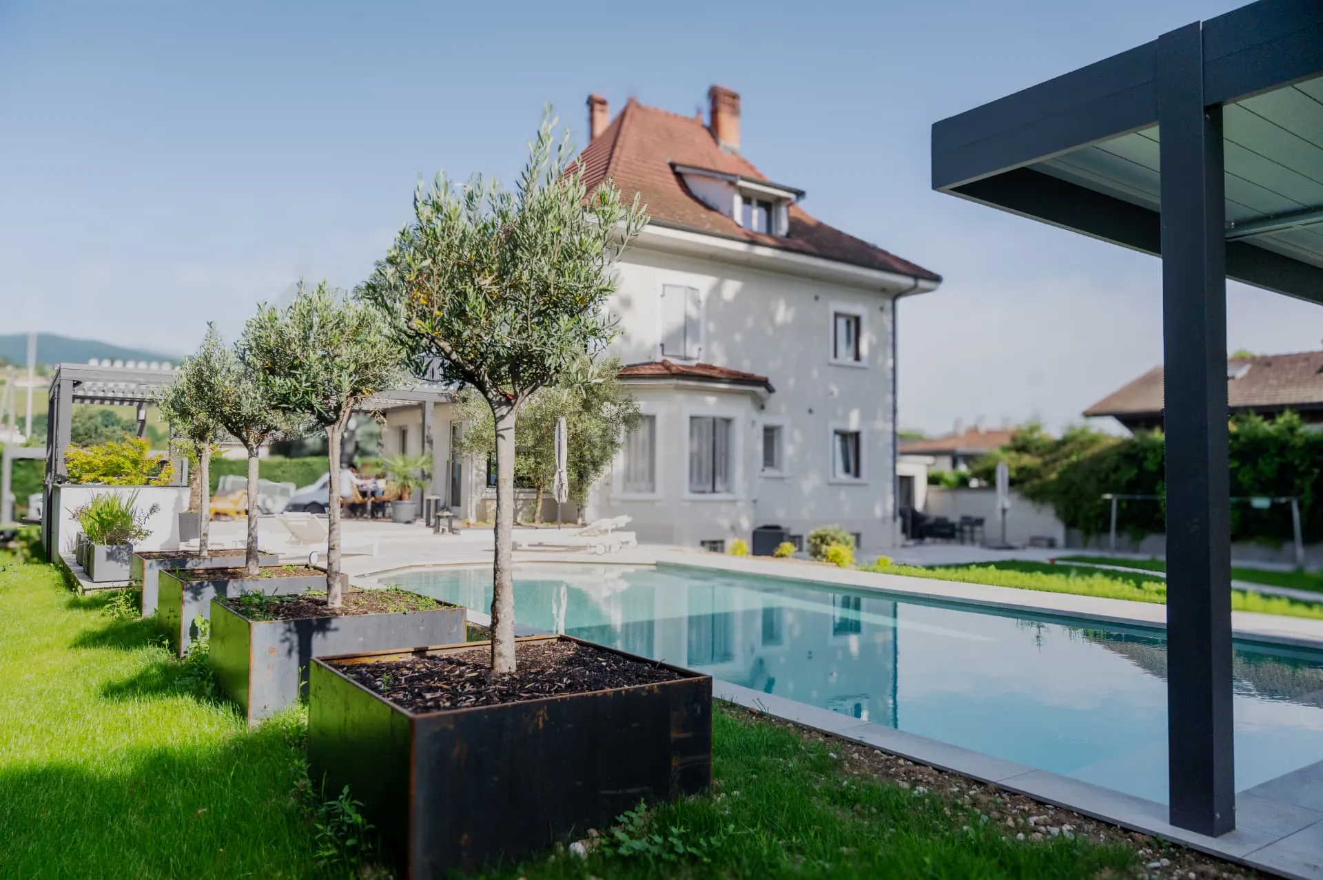 Jardin structuré devant une maison ancienne, piscine et oliviers en bacs – Rumilly
